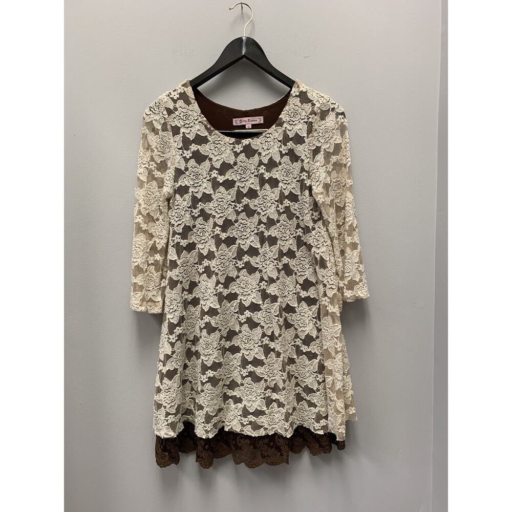 Young Essence Dress Womens small Ivory Over Brown Lace Floral 3/4 sleeves